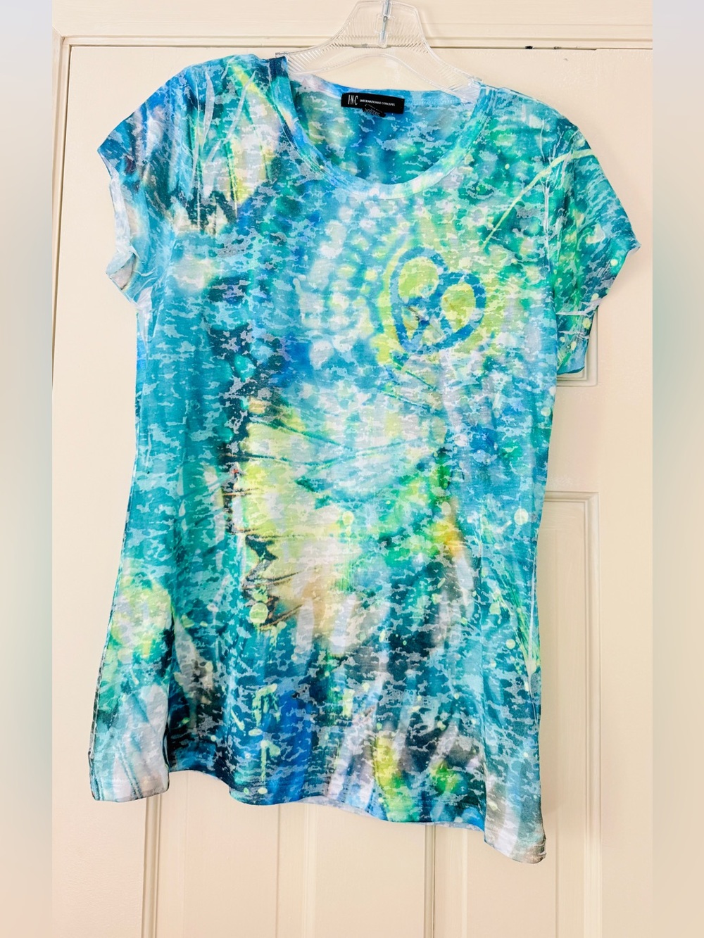 INC International Concepts Aqua and Green Tie-Dye Short Sleeve Tee